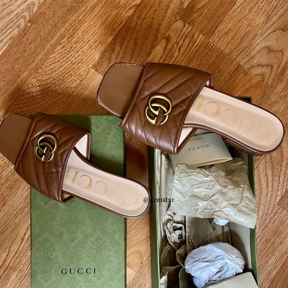 Gucci Nappa Charlotte, Cognac/Brown Leather Slides, Gucci Slippers